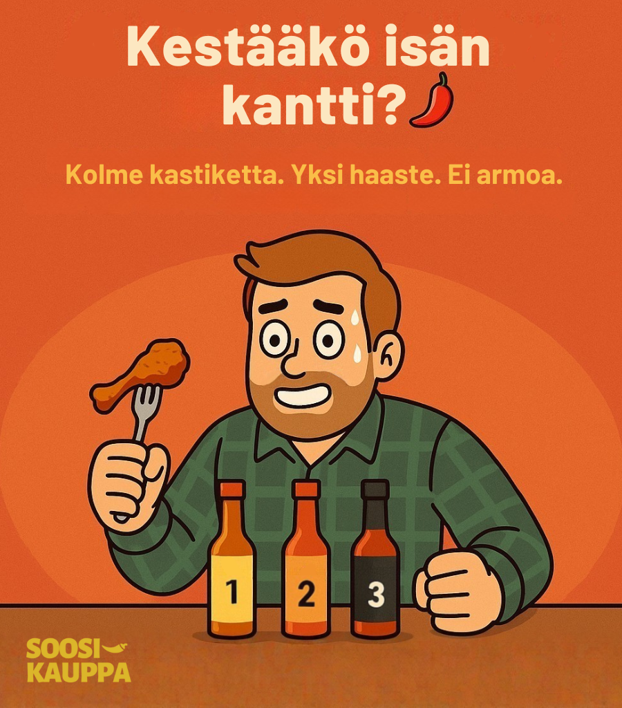 Soosikaupan isänpäivähaaste Isä. vs. Soosi, joka sisältää kolme erilaisen tulisuuden chilikastiketta tyylikkäässä lahjapakkauksessa.