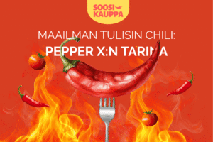 'Maailman tulisin chili: Pepper X:n tarina' -teksti, Soosikauppa -logo, punainen chili haarukassa ja usemapi taustalla
