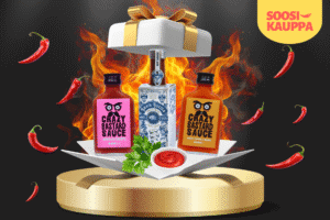 Auki räjähtävä lahjapaketti, jonka sisältä paljastuu kolme erilaista chilikastikepulloa. Taustalla chilejä ja liekkejä.