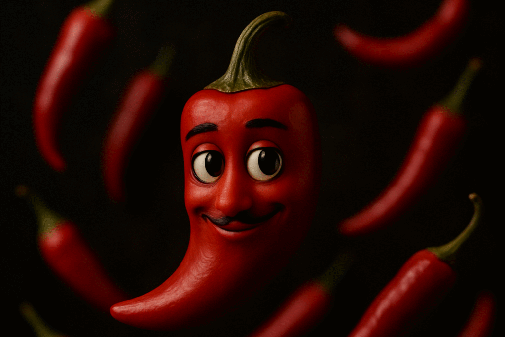 Punainen chili hymyilevillä kasvoilla ja tyylikkäillä viiksillä, mustalla taustalla sumennettuja chilejä.