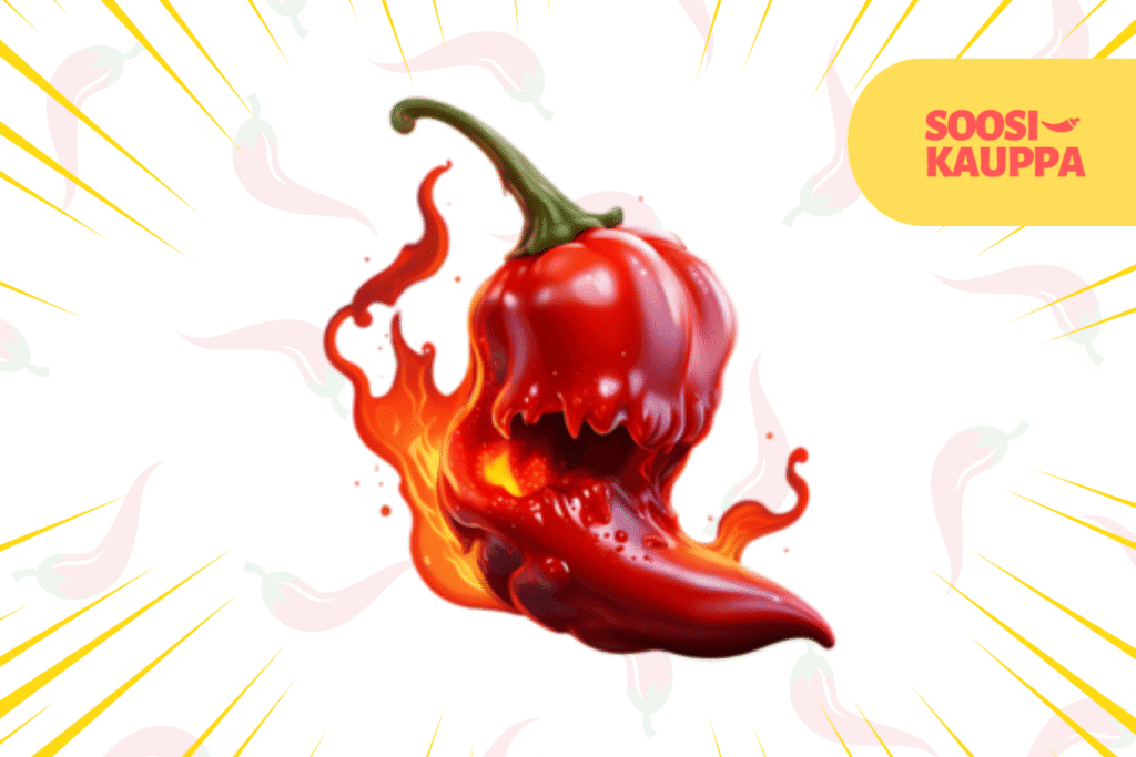 Grafiikka, jossa punainen chili pelottavalla suulla ja liekeillä. Ylänurkassa Soosikauppa-logo, ja taustalla haaleita chilejä.