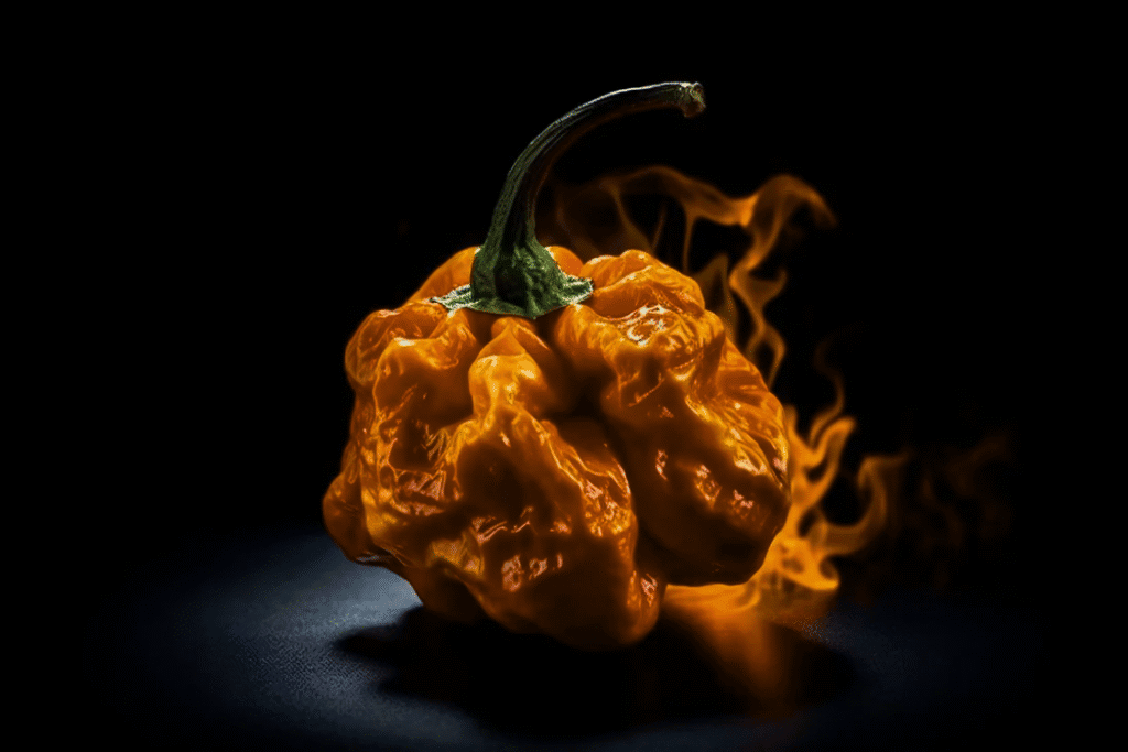 Ryppyinen ja poimuinen oranssinpunainen Pepper X -chili liekeissä mustaa taustaa vasten.