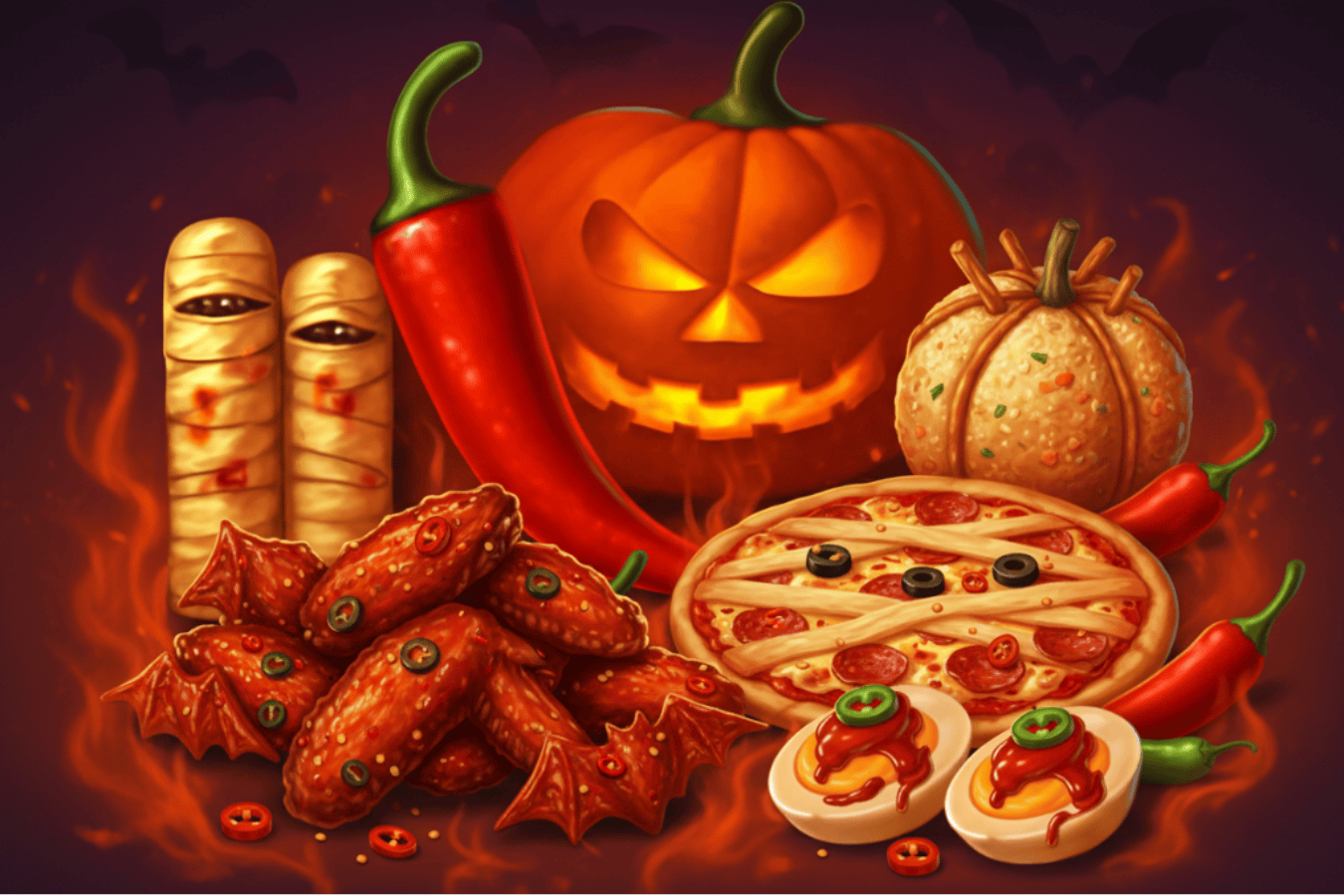 Kokoelma erilaisia Halloween-teemaisia herkkuja suuren Halloween-kurpitsan kera punaisella taustalla.