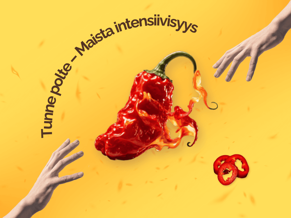 Kädet kurottavat kohti palavaa chiliä, jonka yläpuolella on teksti 'Tunne polte - Maista intensiivisyys'.