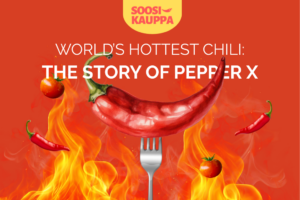 Text reading “The World’s Hottest Chili: The Story of Pepper X”, the Soosikauppa logo, a red chili pepper on a fork, and multiple chilies in the background.