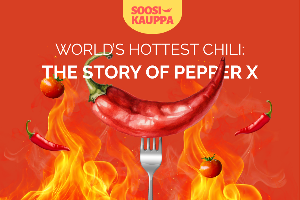 Text reading “The World’s Hottest Chili: The Story of Pepper X”, the Soosikauppa logo, a red chili pepper on a fork, and multiple chilies in the background.